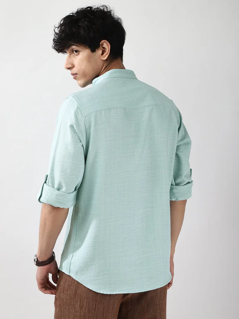 Urbano Fashion  Urbano Fashion Men's Light Blue Linen Blend Full Sleeve Relaxed Fit Mandarin Collar Casual Solid Shirt  | Best Price UAE