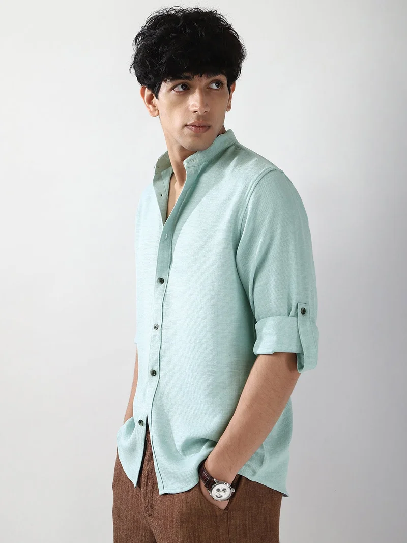 Urbano Fashion  Urbano Fashion Men's Light Blue Linen Blend Full Sleeve Relaxed Fit Mandarin Collar Casual Solid Shirt  | Best Price UAE