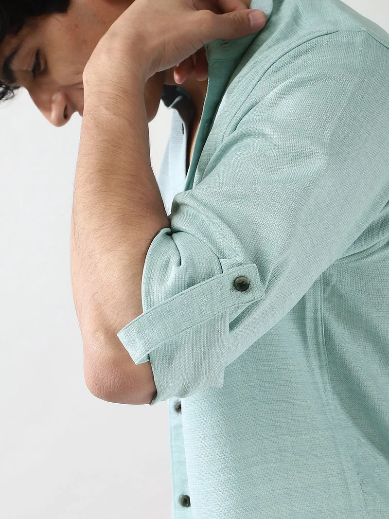 Urbano Fashion  Urbano Fashion Men's Light Blue Linen Blend Full Sleeve Relaxed Fit Mandarin Collar Casual Solid Shirt  | Best Price UAE