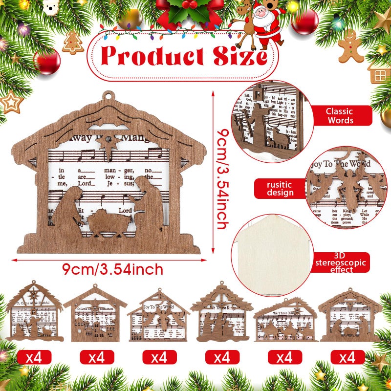 Shellwei 24 Pcs Christmas Nativity Story Wooden Ornaments Set Bulk Christian Music Sheet Nativity Ornament Nativity Scene Hanging Ornaments Xmas Tree Ornaments Religious Gift for Family(Vintage) - Image 3