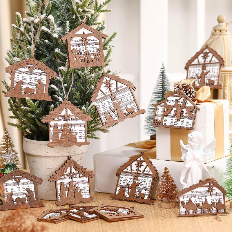 Shellwei 24 Pcs Christmas Nativity Story Wooden Ornaments Set Bulk Christian Music Sheet Nativity Ornament Nativity Scene Hanging Ornaments Xmas Tree Ornaments Religious Gift for Family(Vintage) - Image 4