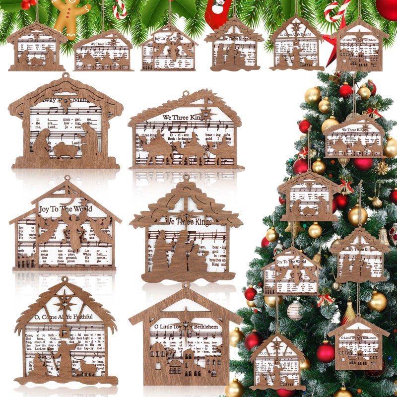 Shellwei 24 Pcs Christmas Nativity Story Wooden Ornaments Set Bulk Christian Music Sheet Nativity Ornament Nativity Scene Hanging Ornaments Xmas Tree Ornaments Religious Gift for Family(Vintage) - Image 1