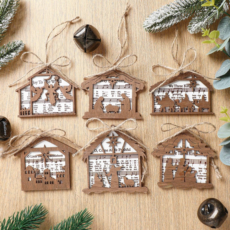 Shellwei 24 Pcs Christmas Nativity Story Wooden Ornaments Set Bulk Christian Music Sheet Nativity Ornament Nativity Scene Hanging Ornaments Xmas Tree Ornaments Religious Gift for Family(Vintage) - Image 2
