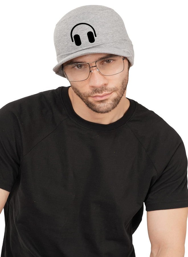 PrimeBox Unisex Fashionable Cotton Cap for Men Woman Adjustable Quick Dry Skull Beanie Trendy Regular Use Topi for Running Jogging Indoor & Outdoor Activity (Grey Cap Head Phone Print) - Image 1