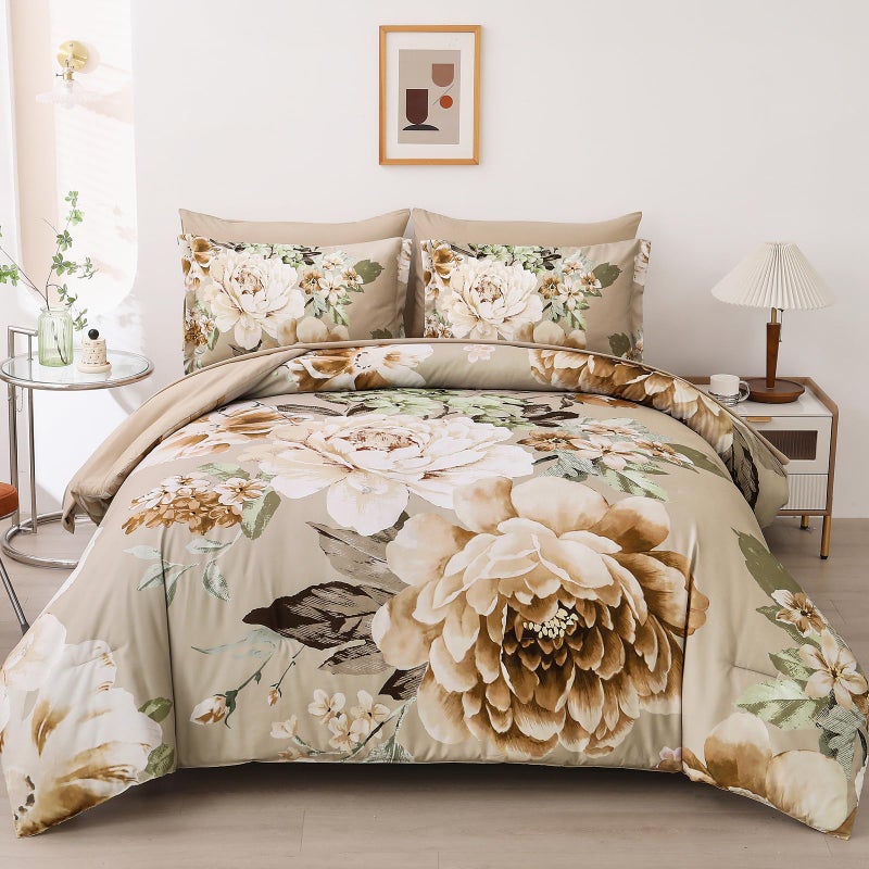 Dintszyayue Khaki Floral Comforter Set Queen Size 7 Pieces Bed in a Bag, Khaki Flower Bedding Set Soft Comforter Set for All Season with Flat Sheet, Fitted Sheet, Pillowcases & Shams - Image 1