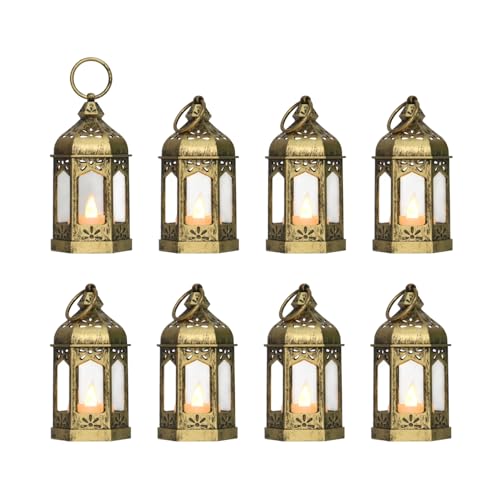 LLQ 8Pcs 5-inch Mini Lanterns Centerpieces for Table, Baby Shower Decorations, Vintage Small Lantern for Halloween Decorations, Party Lights for Enchanted Forest Decorations, Wedding Decor, Brushed Brass - Image 1