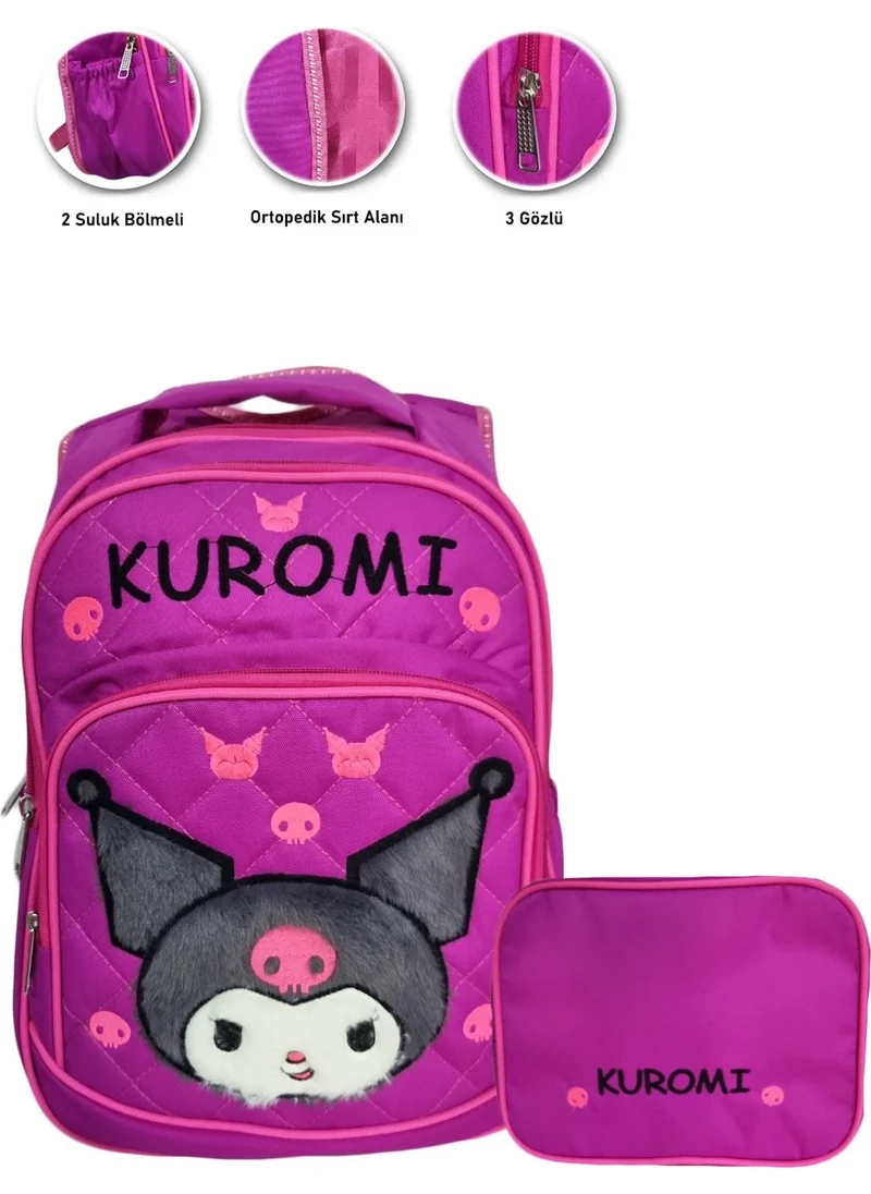 Masho Trend 3 Compartment Furry Kuromi Primary School Bag + Lunch - Kuromi Primary School Girl Bag