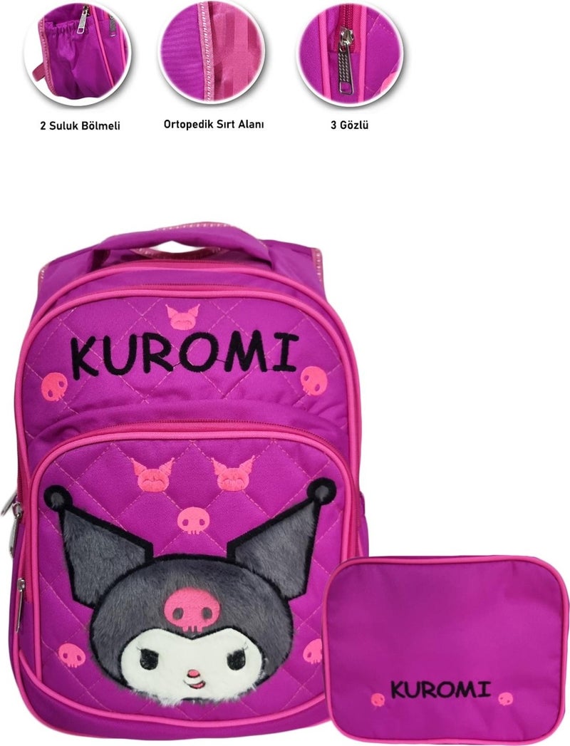 3 Compartment Furry Kuromi Primary School Bag + Lunch - Kuromi Primary School Girl Bag