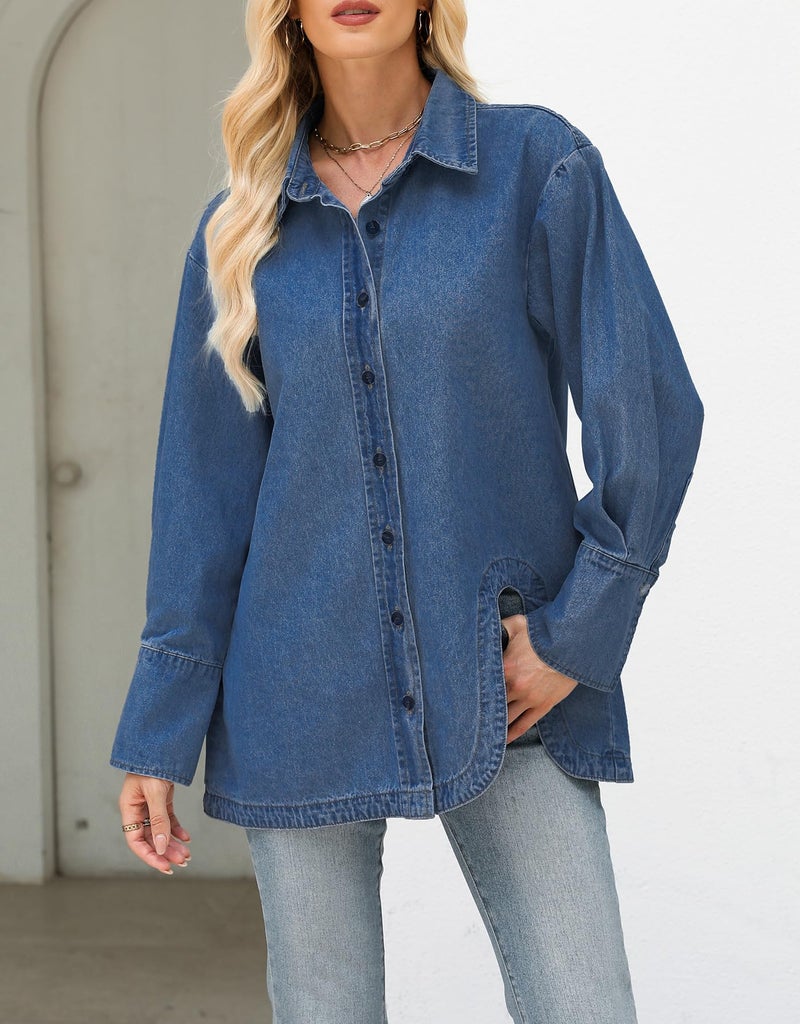 Kedera Womens Button Down Denim Shirts Casual Long Sleeve Jean Shacket Jacket Oversized Chambray Blouse Top - Image 4