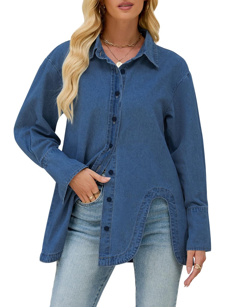 Kedera Womens Button Down Denim Shirts Casual Long Sleeve Jean Shacket Jacket Oversized Chambray Blouse Top - Image 1
