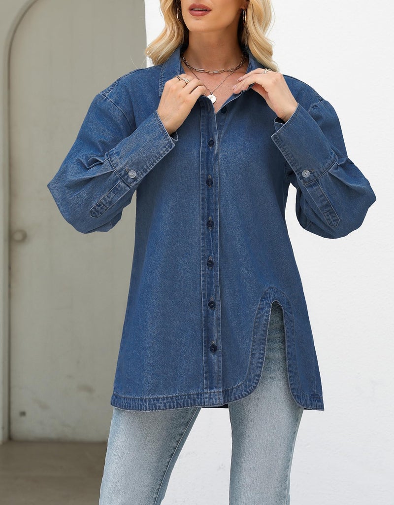 Kedera Womens Button Down Denim Shirts Casual Long Sleeve Jean Shacket Jacket Oversized Chambray Blouse Top - Image 3