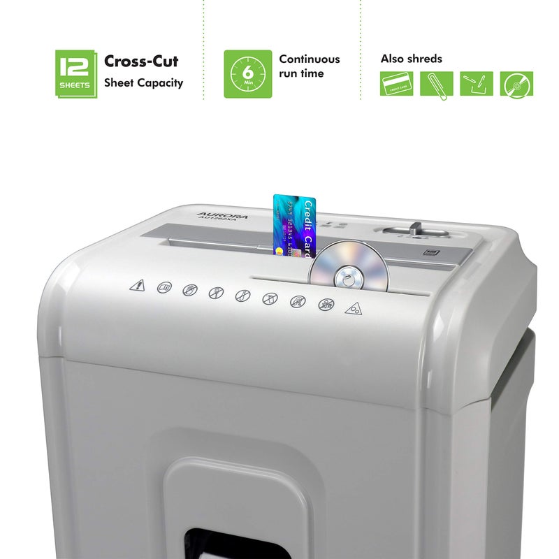 Aurora AU1262XA Anti-Jam 12-Sheet Crosscut Paper and CD/Credit Card Shredder, White/Gray - Image 2
