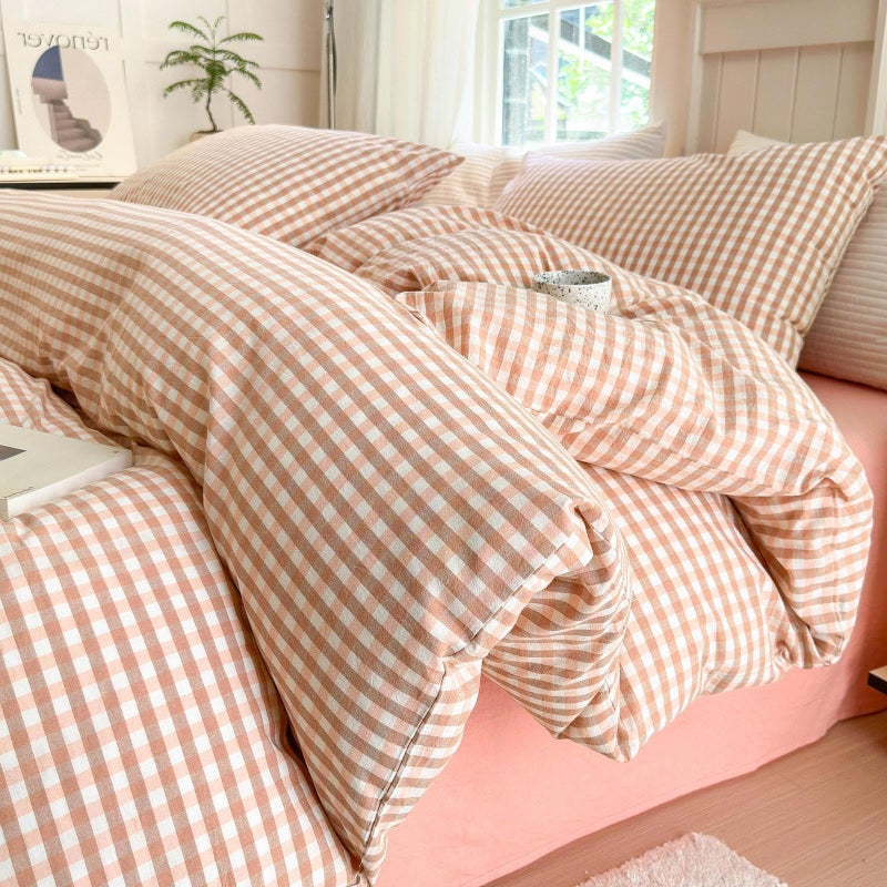 LifeTB Queen Comforter Set Pink Gingham Comforter Modern Style Blush Plaid Comforter Set 3 Pieces Grid Checkered Comforter with 2 Pillowcases Fluffy Soft Boho Gingham Bedding Set Queen Size - Image 1