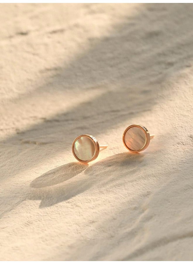 S.Leaf Minimalism Mother Of Pearl Stud Earrings Sterling Silver Round Disc Stud Earrings For Women (Rose Gold) - Image 5