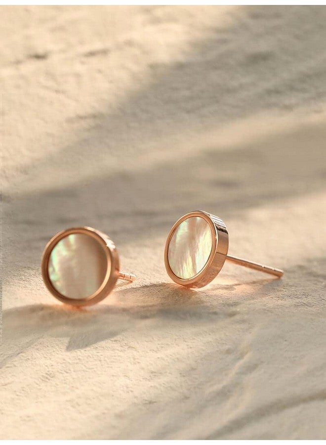 S.Leaf Minimalism Mother Of Pearl Stud Earrings Sterling Silver Round Disc Stud Earrings For Women (Rose Gold) - Image 4