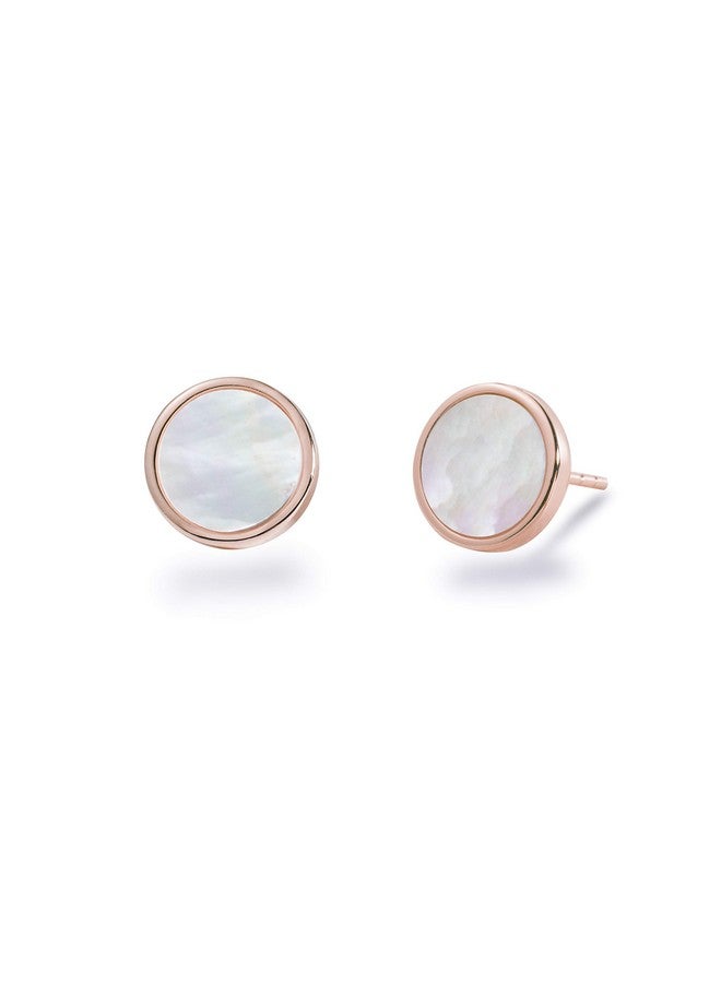 S.Leaf Minimalism Mother Of Pearl Stud Earrings Sterling Silver Round Disc Stud Earrings For Women (Rose Gold) - Image 1