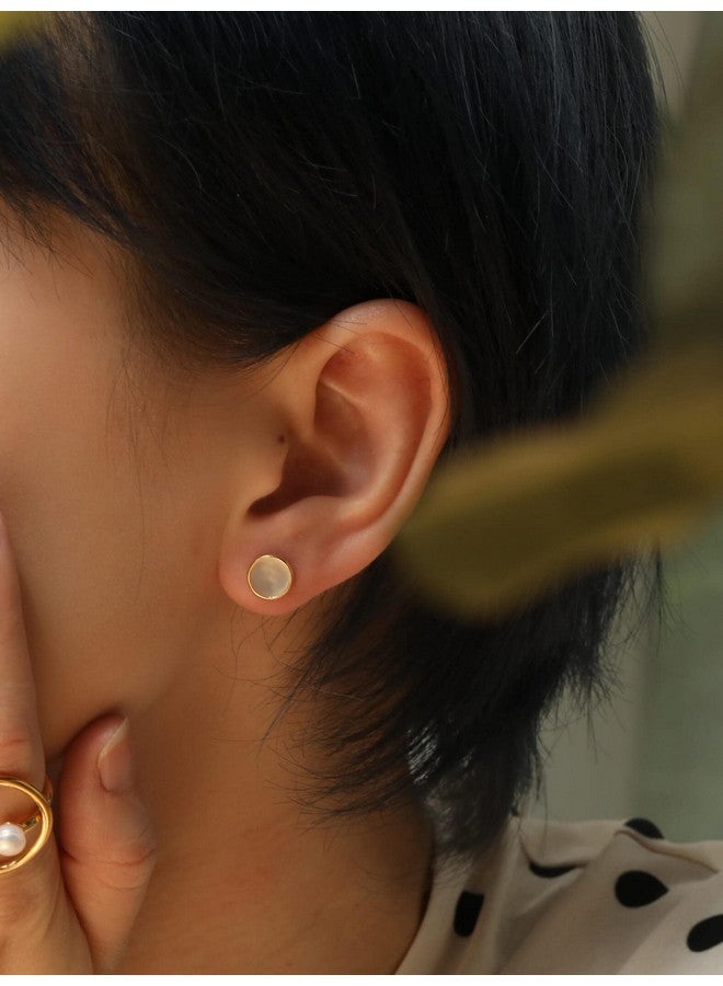 S.Leaf Minimalism Mother Of Pearl Stud Earrings Sterling Silver Round Disc Stud Earrings For Women (Rose Gold) - Image 3