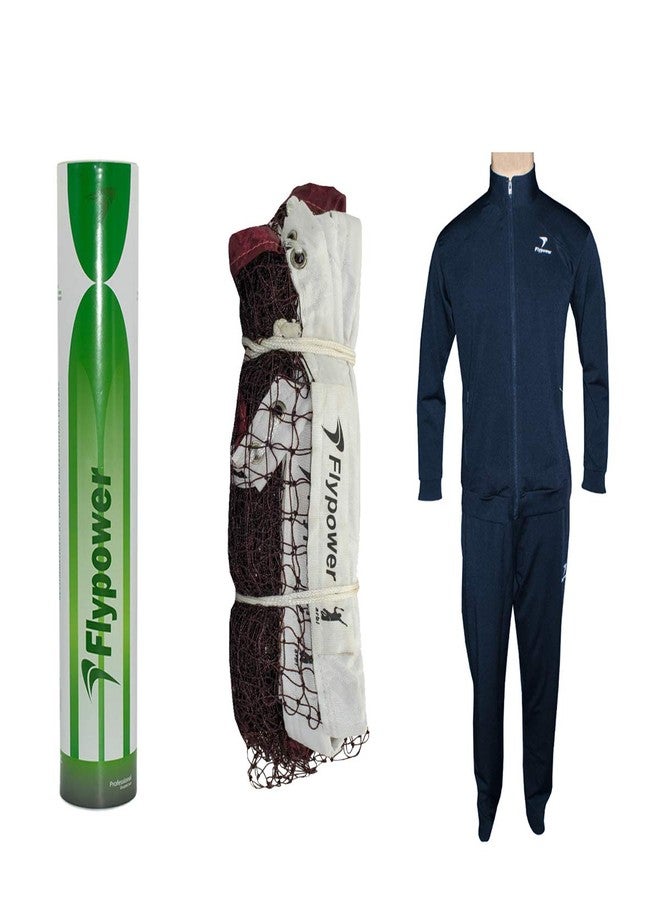 FLYPOWER Badminton Feather Shuttle Cock Green with NET 850 MEHROON and Tracksuit Fly Run Blue Size M - Image 2