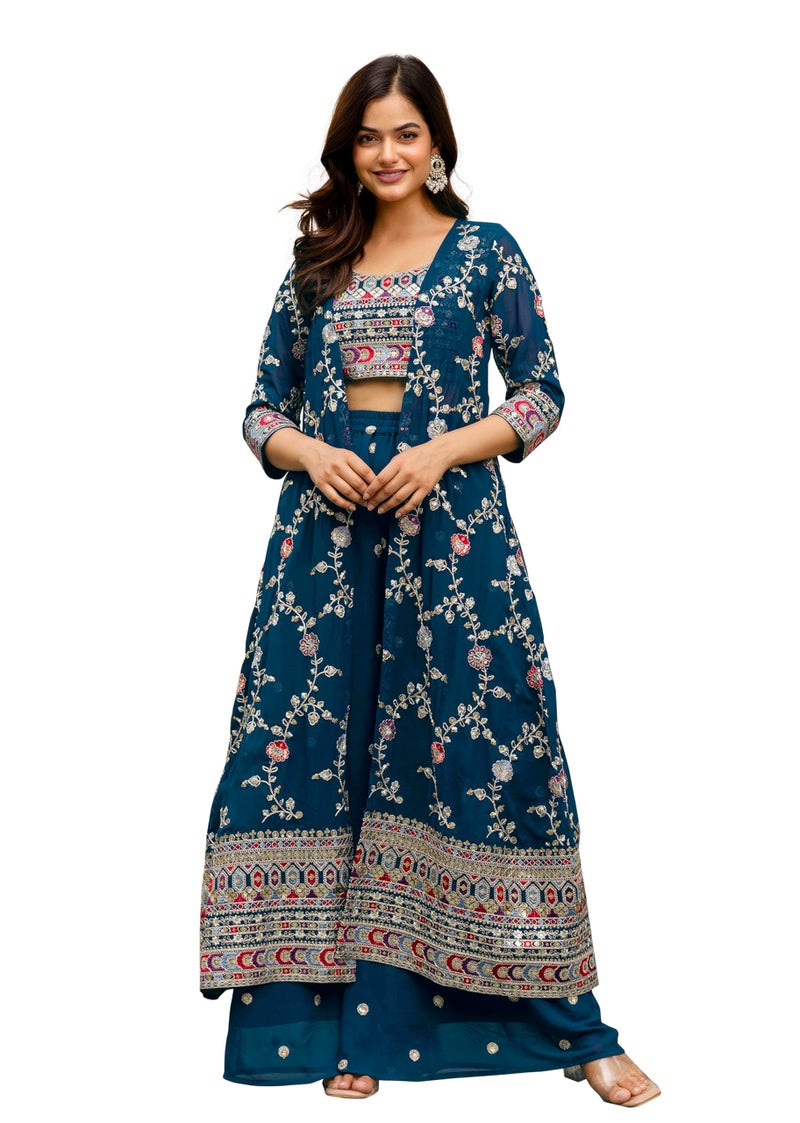 TRENDMALLS Women's Georgette Embroidery Crop Top with Flared Palazzo and Shrug Set (G280-Morpeach-M-) - Image 1