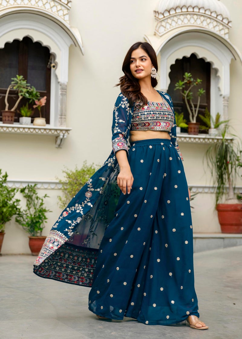 TRENDMALLS Women's Georgette Embroidery Crop Top with Flared Palazzo and Shrug Set (G280-Morpeach-M-) - Image 3