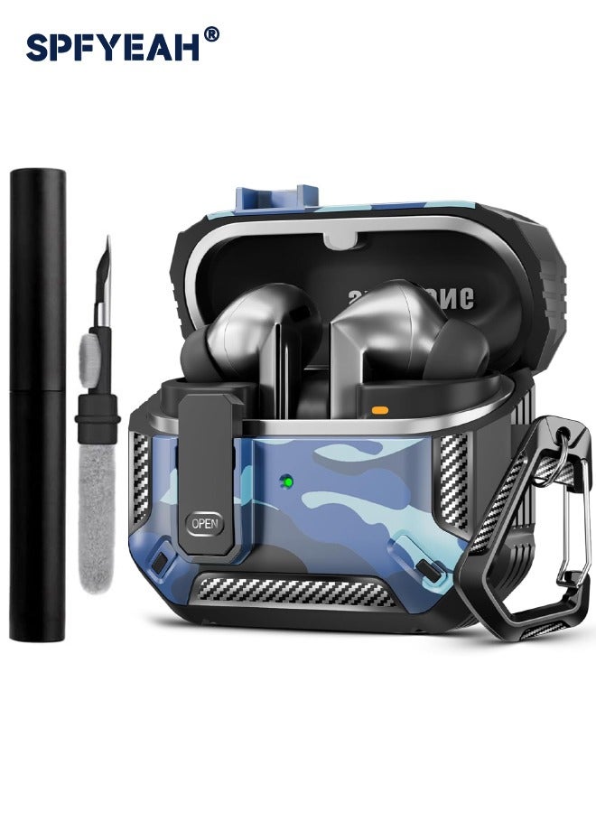 SPFYEAH Cover for Samsung Galaxy Buds 3/ Buds 3 Pro, with Secure Lock Clip & Keychain & Cleaner kit, Hard Shell Rugged Shockproof Carbon Fiber Protection Cover for Samsung Galaxy Buds 3 & 3 Pro (2024), Camo Blue - Image 1