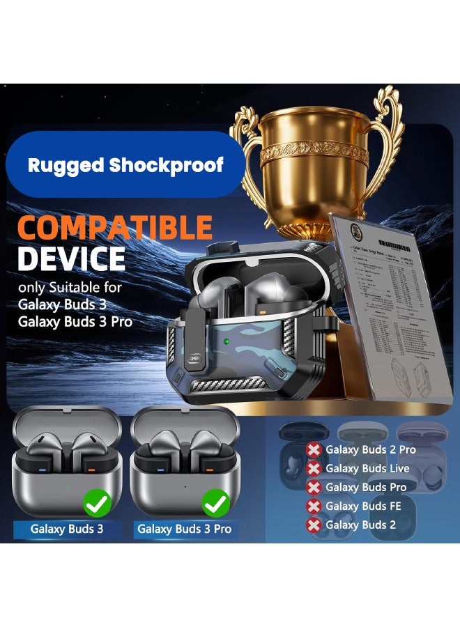 SPFYEAH Cover for Samsung Galaxy Buds 3/ Buds 3 Pro, with Secure Lock Clip & Keychain & Cleaner kit, Hard Shell Rugged Shockproof Carbon Fiber Protection Cover for Samsung Galaxy Buds 3 & 3 Pro (2024), Camo Blue - Image 2