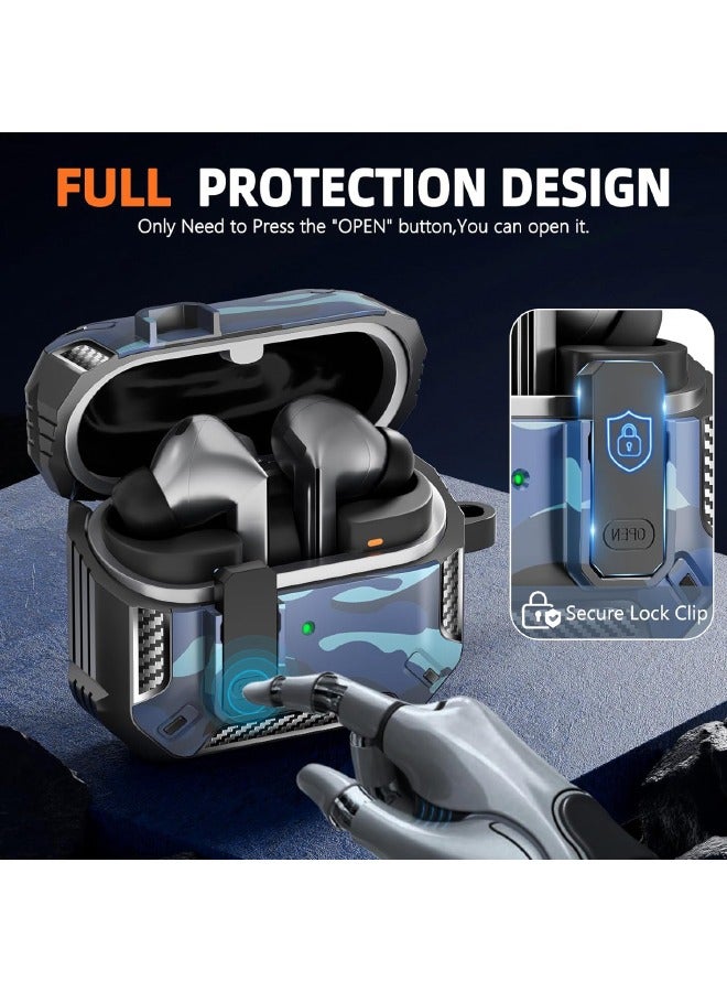 SPFYEAH Cover for Samsung Galaxy Buds 3/ Buds 3 Pro, with Secure Lock Clip & Keychain & Cleaner kit, Hard Shell Rugged Shockproof Carbon Fiber Protection Cover for Samsung Galaxy Buds 3 & 3 Pro (2024), Camo Blue - Image 3
