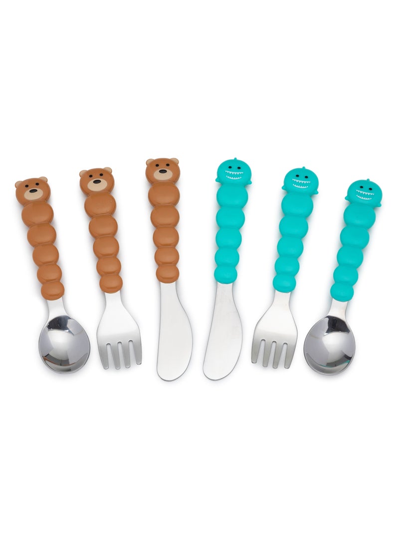 melii - Utensil Set - Brown Bear And Blue Sharks, 6 Pieces - Image 1