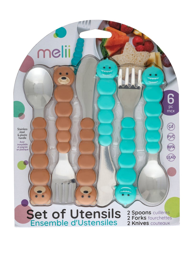 melii - Utensil Set - Brown Bear And Blue Sharks, 6 Pieces - Image 1