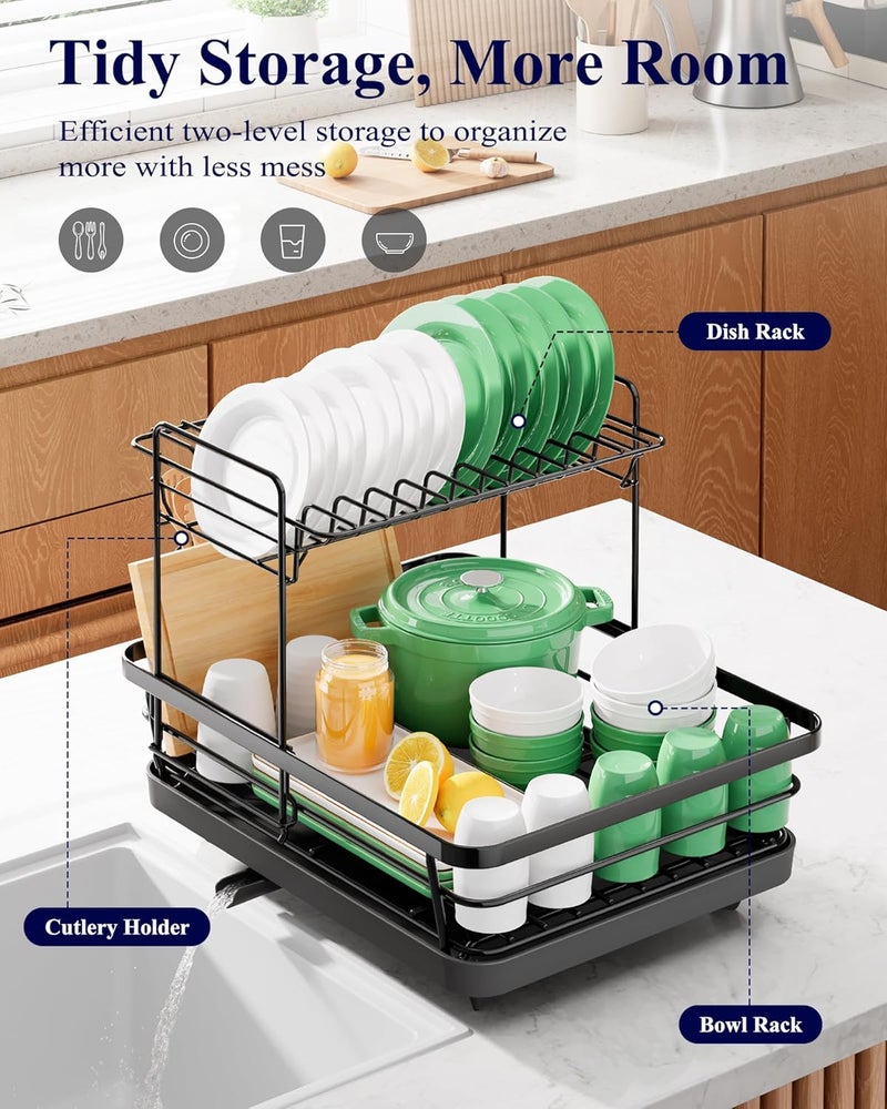 Kitsure 2-Tier Dish Drying Rack for Kitchen Counter, Stainless Steel Dish Drainer with Drainboard & Cutlery Holder, Kitchen Sink Organizer for Plates and Bowls, Black, 30 × 39 × 31 cm - Image 2