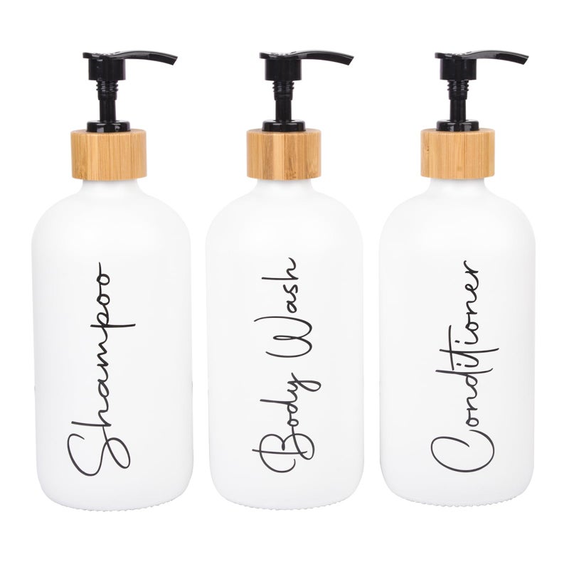 UUJOLY Glass Shampoo and Conditioner Pump Bottles Soap Dispenser Bamboo Pump Head Empty Glass Refillable Shampoo Conditioner Body Wash Soap Bottles for Bathroom 17 oz 3 Pack White