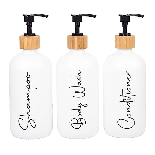 UUJOLY Glass Shampoo and Conditioner Pump Bottles Soap Dispenser Bamboo Pump Head Empty Glass Refillable Shampoo Conditioner Body Wash Soap Bottles for Bathroom 17 oz 3 Pack White - Image 1