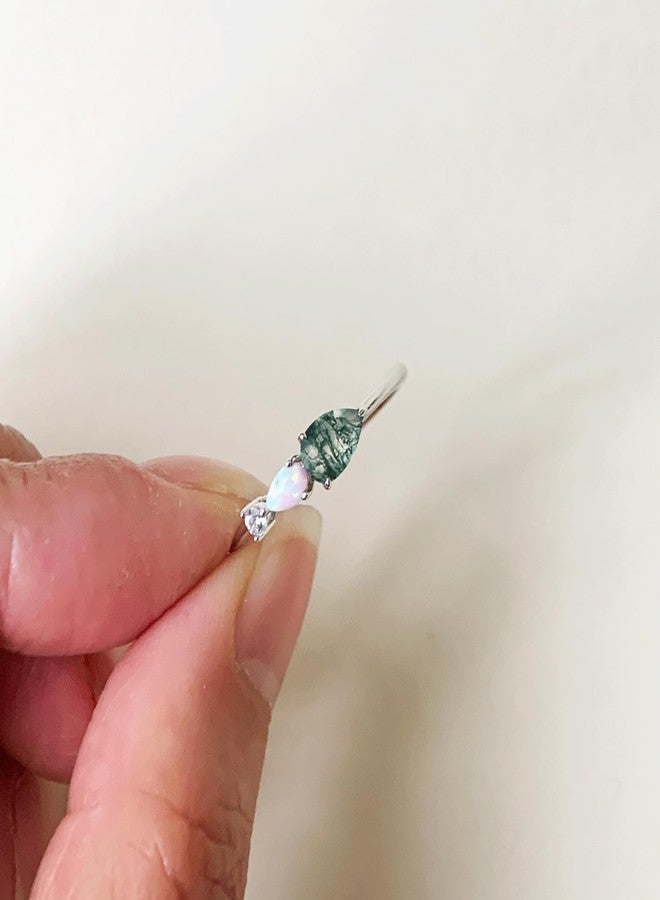 YESLADY Dainty Statement Rings for Women Silver Non Tarnish Stackable Ring Art Deco Moss Agate Opal Cubic Zirconia Wedding Promise Engagement Jewelry Size 8.5 - Image 4