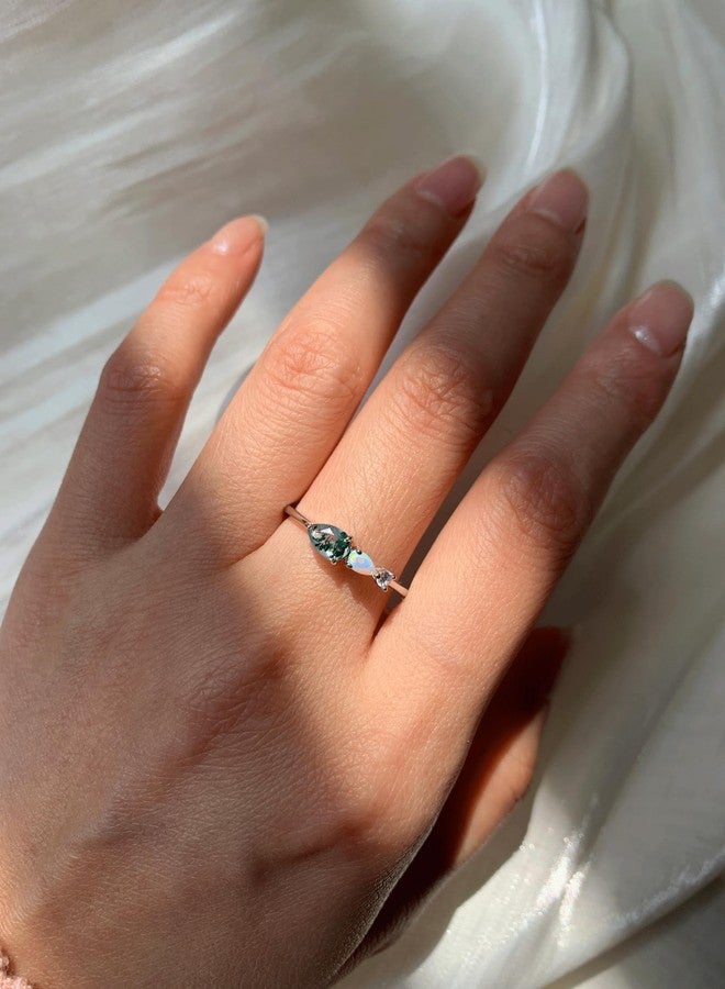 YESLADY Dainty Statement Rings for Women Silver Non Tarnish Stackable Ring Art Deco Moss Agate Opal Cubic Zirconia Wedding Promise Engagement Jewelry Size 8.5 - Image 3