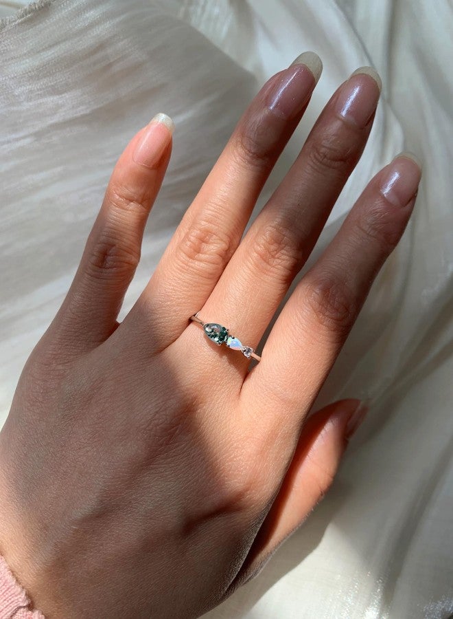 YESLADY Dainty Statement Rings for Women Silver Non Tarnish Stackable Ring Art Deco Moss Agate Opal Cubic Zirconia Wedding Promise Engagement Jewelry Size 8.5 - Image 2