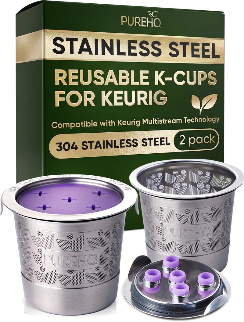 PUREHQ Stainless Steel Reusable K Cups for Keurig K Supreme, Supreme Plus, K Slim, K Duo Hot and Iced, K Brew Chill and K Crema Multistream Coffee Makers by PureHQ - Refillable Metal Coffee Filters (2 Pack) - Image 1
