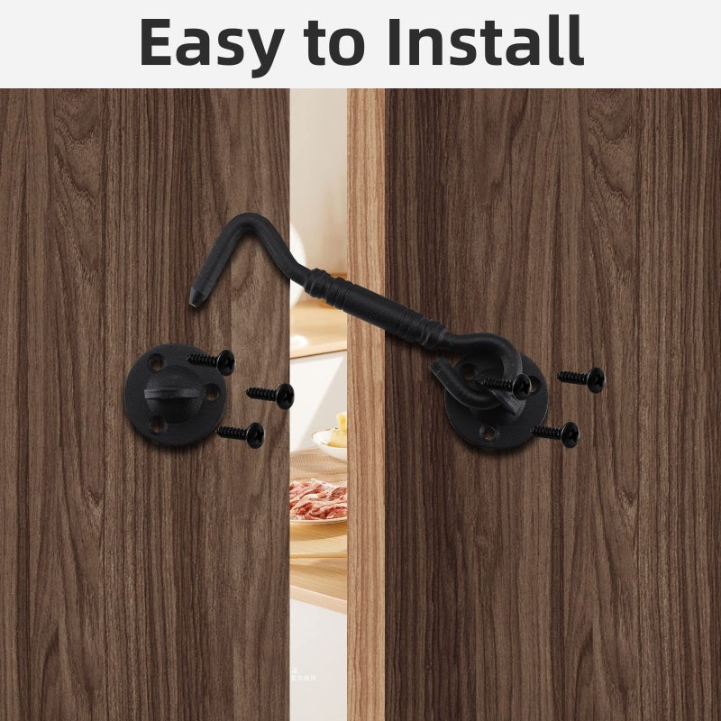 HOME MASTER HARDWARE Barn Door Hook and Eye Latch 4" Privacy Hook Lock Hardware Rust-Proof Gate Latch Cabin Hooks for Sliding Doors,Bathrooms,Outdoor,Windows,Bedrooms,Cabinet,1 Pack Black with Screws - Image 4