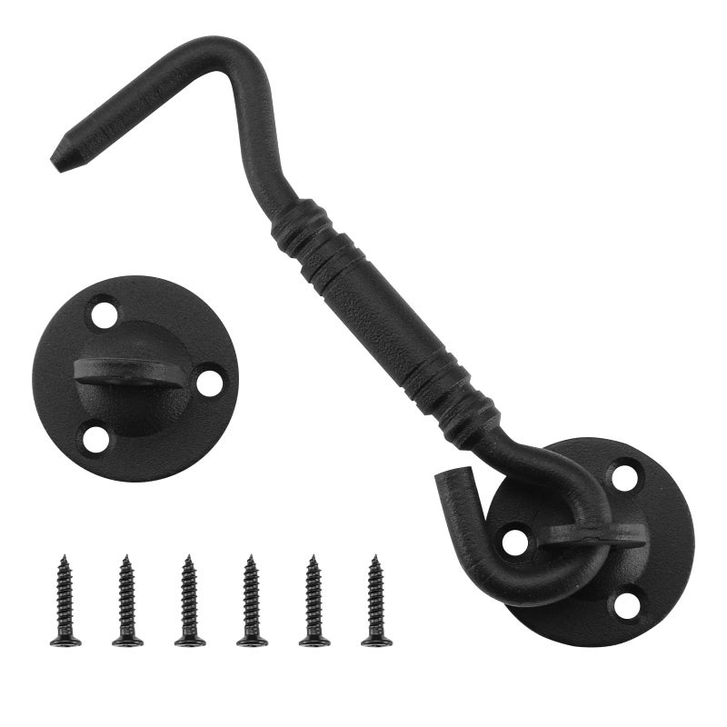 HOME MASTER HARDWARE Barn Door Hook and Eye Latch 4" Privacy Hook Lock Hardware Rust-Proof Gate Latch Cabin Hooks for Sliding Doors,Bathrooms,Outdoor,Windows,Bedrooms,Cabinet,1 Pack Black with Screws - Image 1