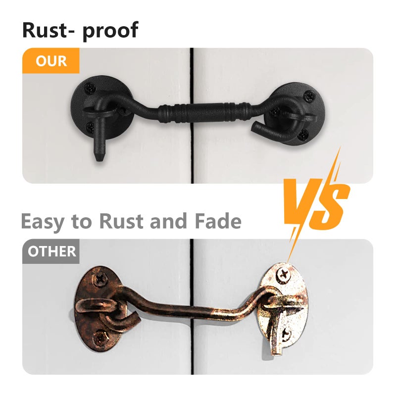 HOME MASTER HARDWARE Barn Door Hook and Eye Latch 4" Privacy Hook Lock Hardware Rust-Proof Gate Latch Cabin Hooks for Sliding Doors,Bathrooms,Outdoor,Windows,Bedrooms,Cabinet,1 Pack Black with Screws - Image 5