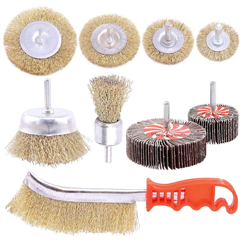 Glarks 9Pcs Wire Wheel Brush Set, Brass Coated Wire Brush Wheel Cup Brush with 1/4-Inch Shank for Iron Rust Removal, Corrosion and Scrub Surfaces - Image 1