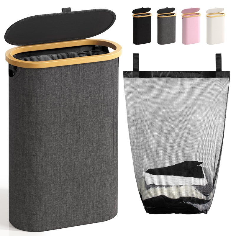Bathola Slim Laundry Hamper with Lid, 60L Small Laundry Basket with Handles&Removable Bag, Thin Dirty Clothes Hampers for Laundry, Narrow Laundry Hampers for Bedroom Aesthetic, Dark Grey - Image 1