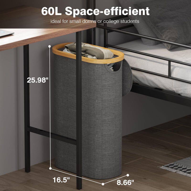 Bathola Slim Laundry Hamper with Lid, 60L Small Laundry Basket with Handles&Removable Bag, Thin Dirty Clothes Hampers for Laundry, Narrow Laundry Hampers for Bedroom Aesthetic, Dark Grey - Image 2