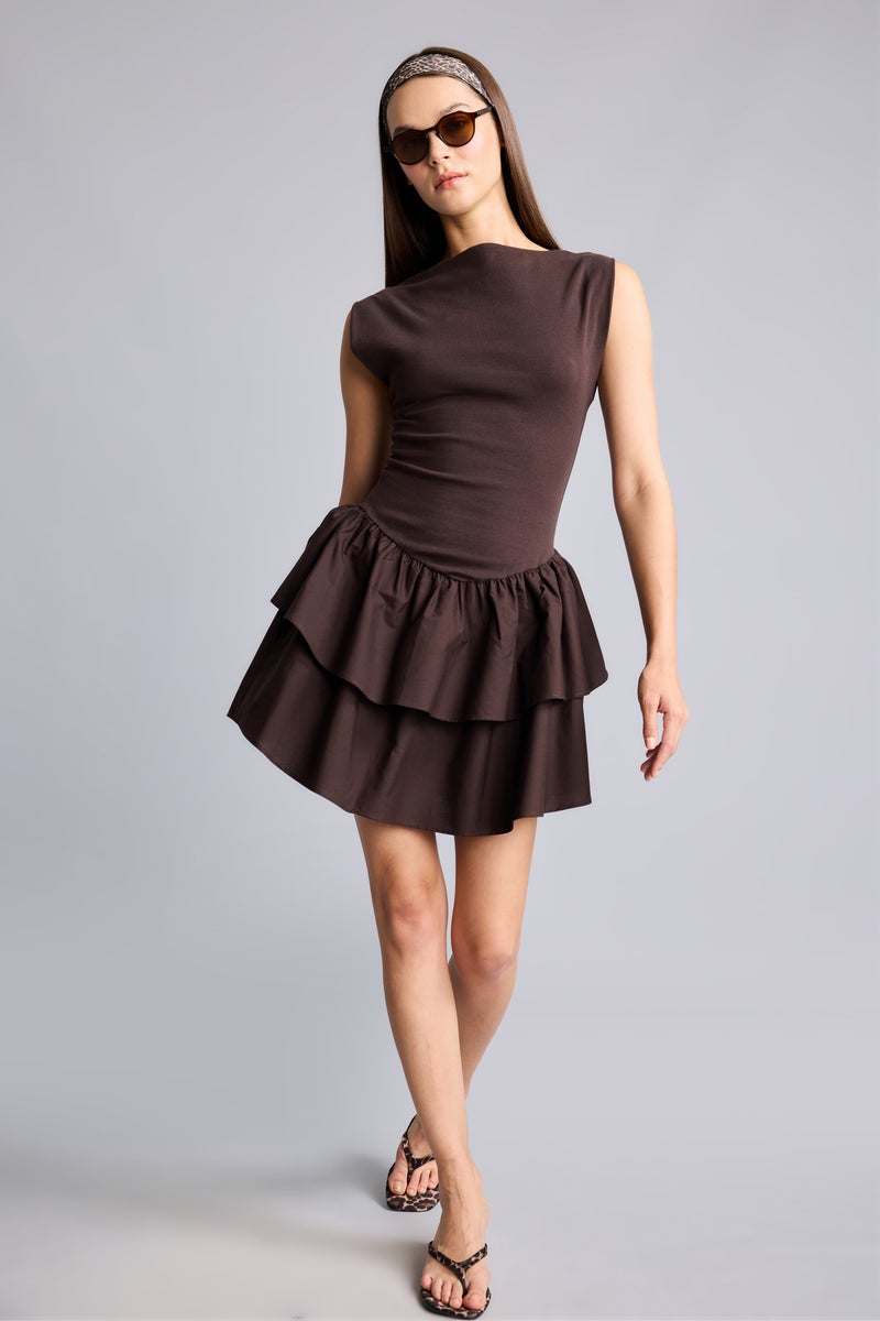 DeFacto Brown Woman Boat Neck Ribbed Brown Mini Dress Casual - Image 1