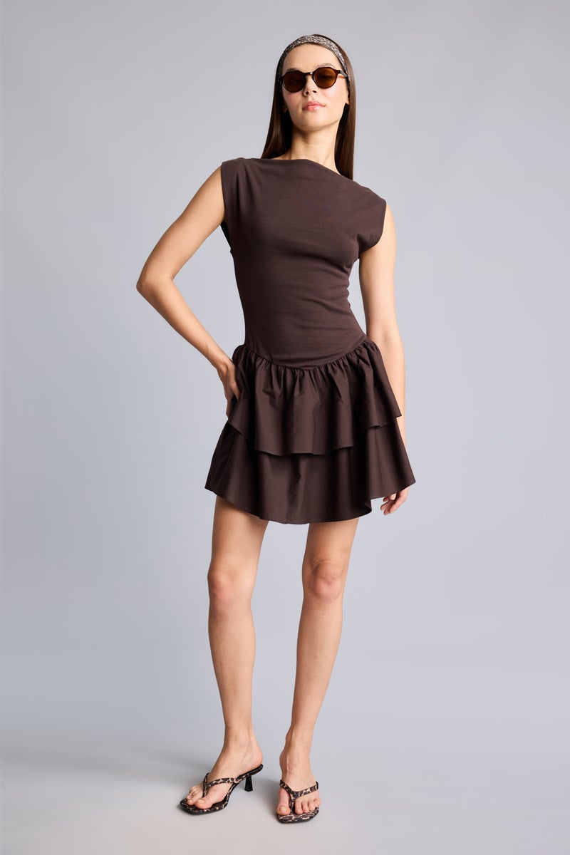 DeFacto Brown Woman Boat Neck Ribbed Brown Mini Dress Casual - Image 2