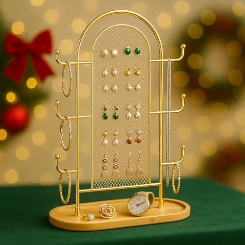 bussdis Jewelry Display Earring Stand Gold Organizer Earring StorageTree Jewelry Rack Towers with 6 Hooks 300 Stud Holes Wood Tray for Necklaces Bracelets Ring - Image 3
