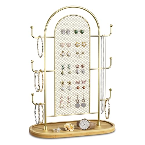 bussdis Jewelry Display Earring Stand Gold Organizer Earring StorageTree Jewelry Rack Towers with 6 Hooks 300 Stud Holes Wood Tray for Necklaces Bracelets Ring - Image 1