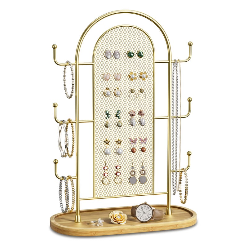 bussdis Jewelry Display Earring Stand Gold Organizer Earring StorageTree Jewelry Rack Towers with 6 Hooks 300 Stud Holes Wood Tray for Necklaces Bracelets Ring - Image 2