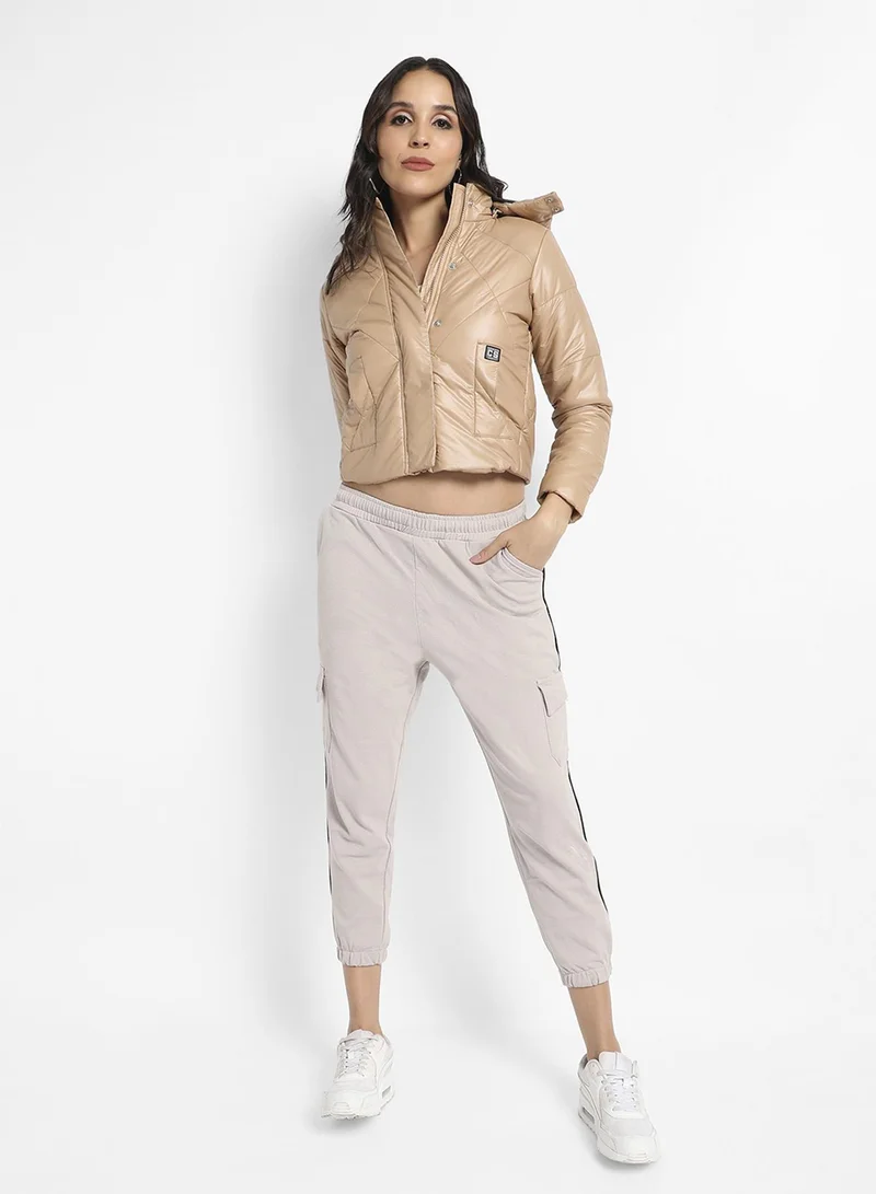 Pinacolada  Women's Beige Quilted Bomber Jacket With Detachable Hood for Women | Best Price UAE