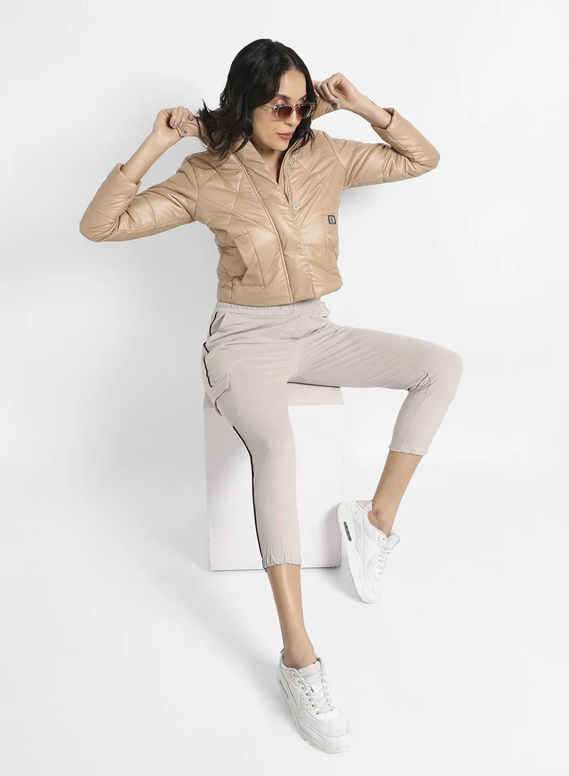 Pinacolada  Women's Beige Quilted Bomber Jacket With Detachable Hood for Women | Best Price UAE