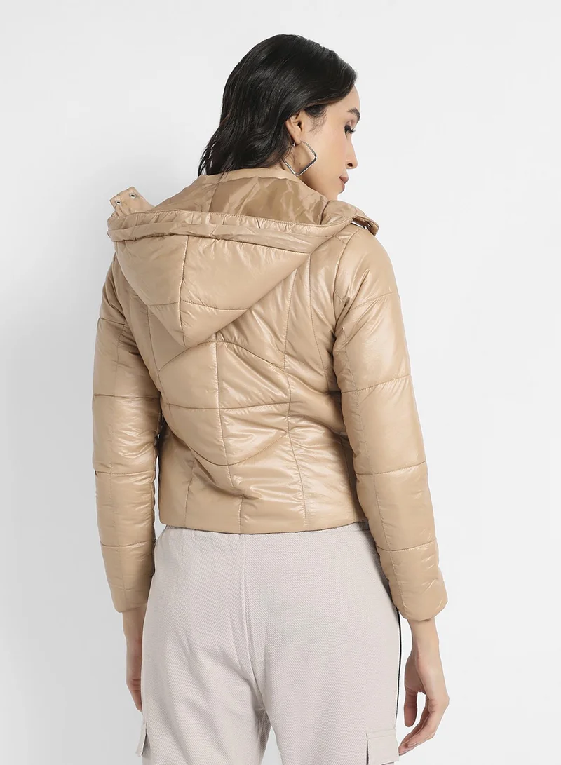 Pinacolada  Women's Beige Quilted Bomber Jacket With Detachable Hood for Women | Best Price UAE